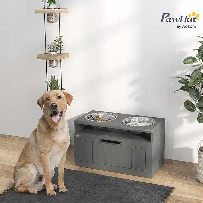 PawHut Elevated Dog Bowls, Raised Dogs Bowl Stand with 2 Stainless Steel Bowls, Storage Drawer and Slow Feeder Mat, Dog Feeding Station for Large and Extra Large Dogs, Gray