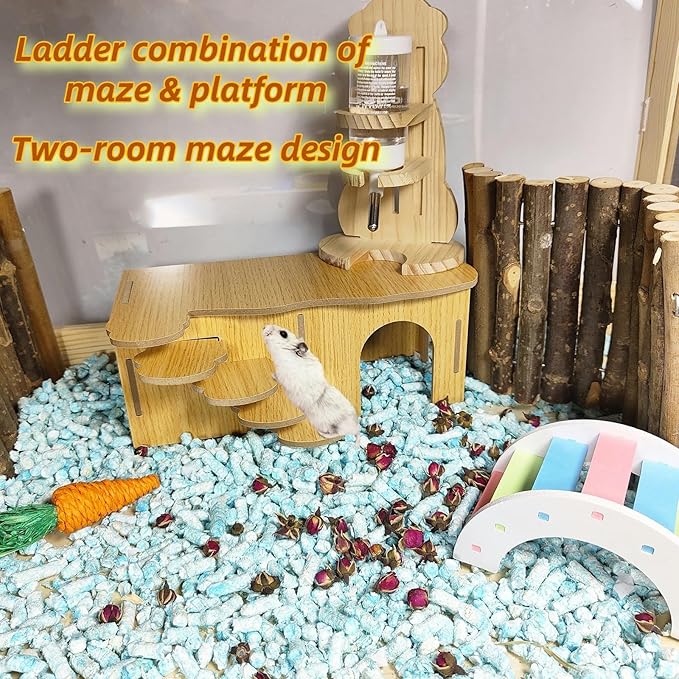 Hamiledyi Hamster Hideout with Ladder Dwarf Hamster Wooden Maze Tunnel Platform Multi Chamber Exploring Toy Habitat Decor for Gerbil Syrian Mouse Brown