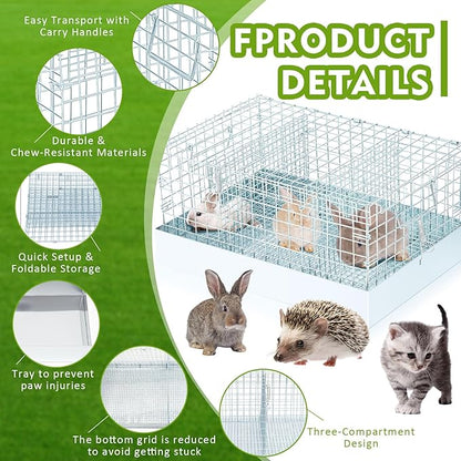 DoubleFill 3 Hole Folding Rabbit Cage, Portable Bunny Carrier with Tray and Handles for Transport, Trave or Temporary Housing, Indoor Outdoor Pet Habitat Animal Enclosure (Sliver,24 x 14 x 12 in)