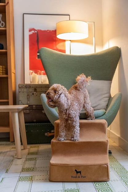 Noah & Paw Dog Stairs, Dog Ramp for Bed (16" Extra Wide) Pet Stairs for High Bed, Design to Fit Small and Large Breeds, Durable 3 Pet Steps for Couch (35 Foam Density) Leather Collection