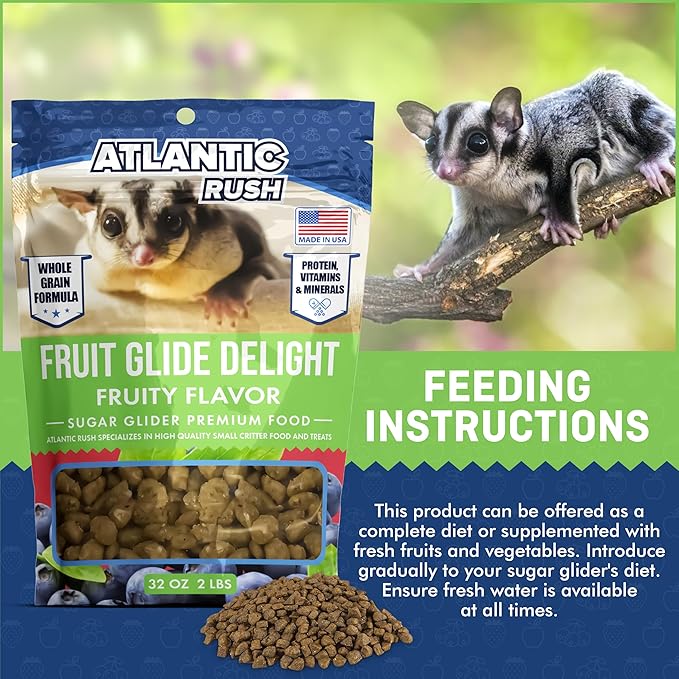 Atlantic Rush Fruit Glide Delight Sugar Glider Food - 2lb Resealable Bag of Food for Sugar Gliders - Complete Nutrition, High Protein and Vitamins Sourced and Made in USA - Sugar Glider Treats