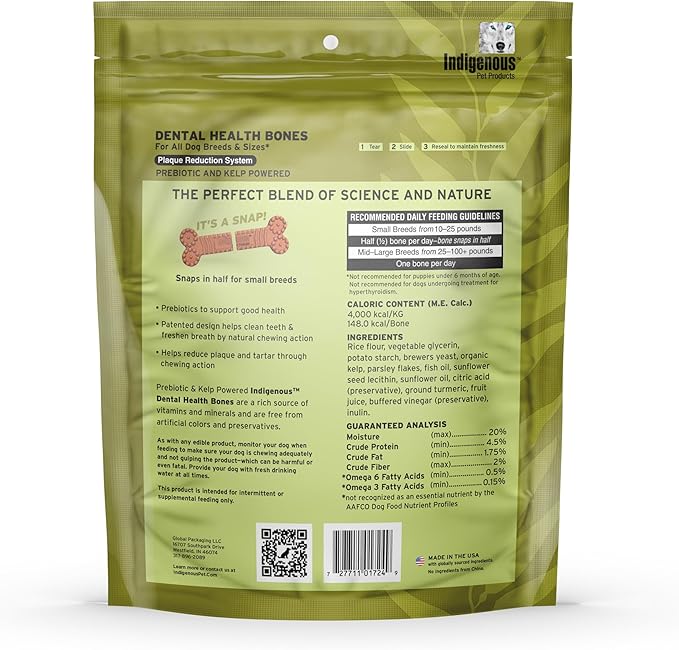 Indigenous Pet Dental Health Bones Regular Variety 4 Pack – Bacon, Chicken, Carrot, Original (17 Ounce x 4) | Grain-Free Dog Chews with Prebiotics & Omegas | Supports Digestive Health |