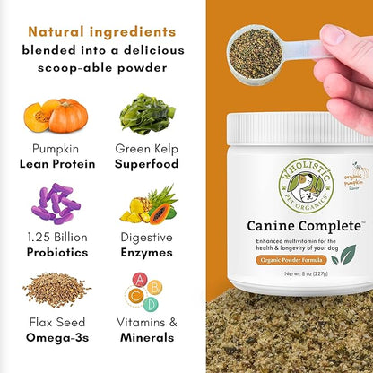 Wholistic Pet Organics Canine Complete - Dog Multivitamin Powder - 8 Oz - Daily Dog Vitamins and Supplements for Homemade Food - Immune System, Skin, Coat & Overall Health - Small and Large Breed