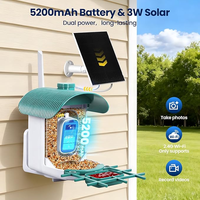 Smart Bird Feeder with Camera Solar Powered : 2K HD Live View, AI Bi rd Identification ＆ Instant Alerts, Weatherproof Smart Camera Bird Houses for Outside Garden - Gifts for Women, Green