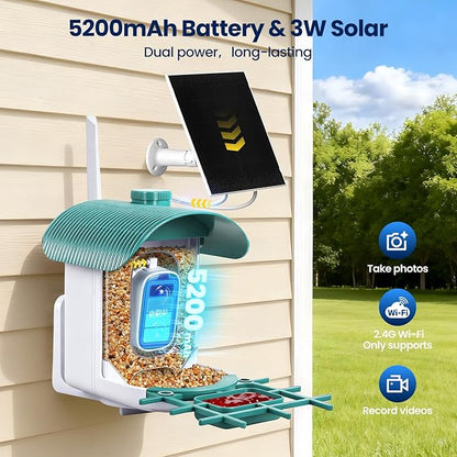 Smart Bird Feeder with Camera Solar Powered : 2K HD Live View, AI Bi rd Identification ＆ Instant Alerts, Weatherproof Smart Camera Bird Houses for Outside Garden - Gifts for Women, Green