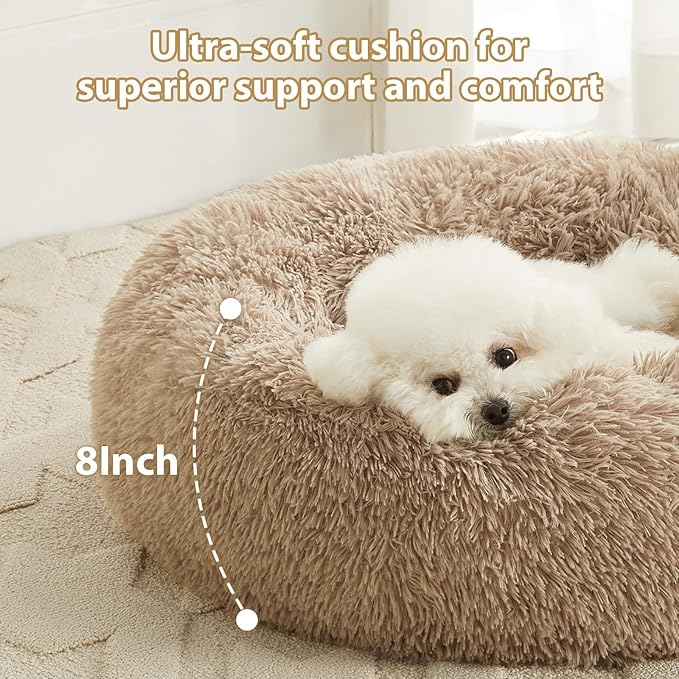 WNPETHOME Donut Dog Beds Large Sized Dog,Anti-Anxiety Caming Large Pet Bed,Fluffy Faux Fur Plush Puppy Bed，Warming Cozy Soft Round Bed for Pet, Cat Cuddler Cushion
