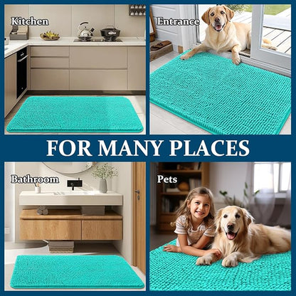 OLANLY Dog Door Mat for Muddy Paws 70x24, Absorbs Moisture and Dirt, Absorbent Non-Slip Washable Doormat, Quick Dry Chenille Mud Mat for Dogs, Entry Indoor Entryway Carpet for Inside Floor, Teal