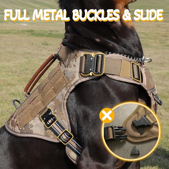 Service Dog Vest - HEYCAHVA Tactical Dog Harness Full Metal Buckles Dog Vest for Large Medium Dog Reflective No Pull Dog Harnesses with Leather Handle, Hook & Loop for Hiking Training (Desert Camo, L)