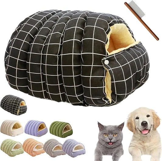 Winter Cave,Warmth Cozy Comfort Plush Pet Cave,Cute Cozy Safe Hideaway Cat Bed with Removable Cushion,Warm Soft Removable Washable for Cats and Dogs (Black Plaid, L:25.59 * 15.74 * 11.02 in)