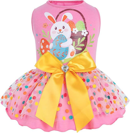 cyeollo Easter Day Dog Dress Dog Clothes Girl Skirt Holiday Outfit Bunny Egg Print Tulle Doggie Dresses for Small Dogs Cats Pet Apparel, Pink L
