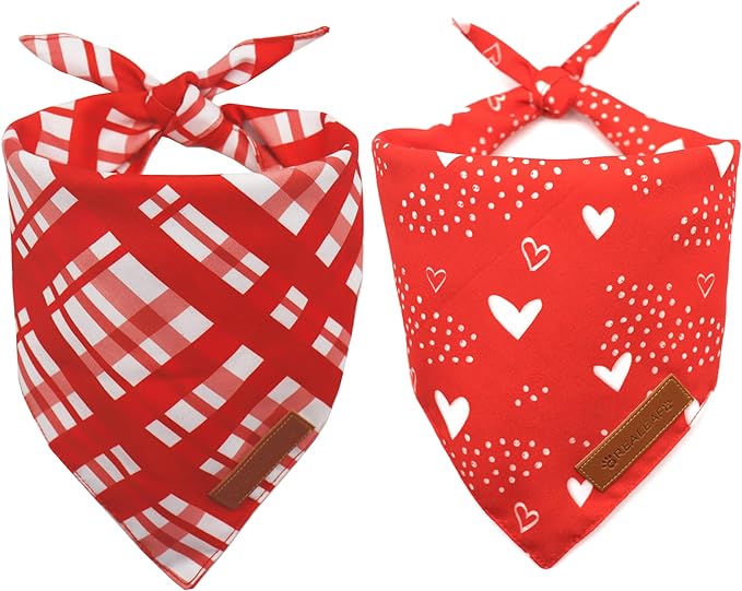 Realeaf Valentine's Day Dog Bandanas 2 Pack, Reversible Red Plaid Heart Dog Scarf for Boy and Girl, Premium Durable Fabric, Holiday Love Bandana for Large and Extra Large Dogs Pets (Large)