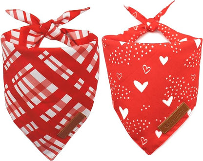 Realeaf Valentine's Day Dog Bandanas 2 Pack, Reversible Red Plaid Heart Dog Scarf for Boy and Girl, Premium Durable Fabric, Holiday Love Bandana for Large and Extra Large Dogs Pets (Large)