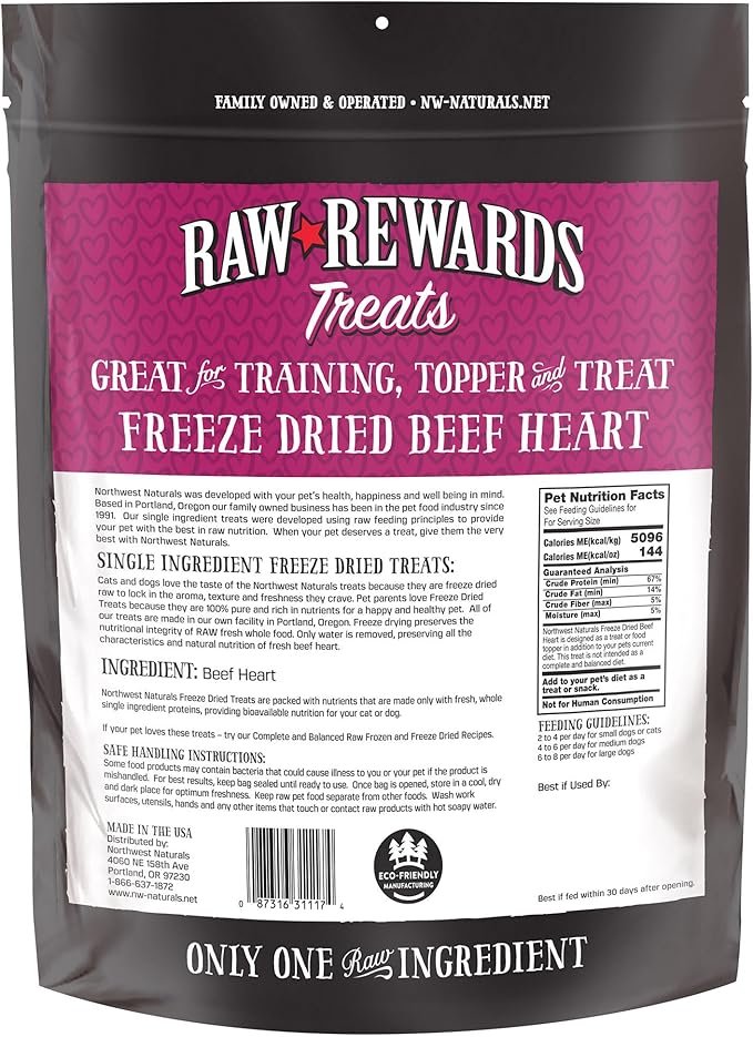 Northwest Naturals Raw Rewards Freeze-Dried Beef Heart Treats for Dogs and Cats - Bite-Sized Pieces - Healthy, 1 Ingredient, Human Grade Ingredient, All Natural, Proudly Made in USA, 10 Oz (Pack of 3)