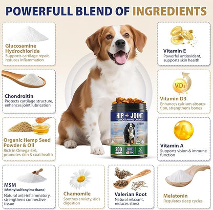 Hip and Joint Supplement for Dogs 200 Hemp Dog Calming Chews with Glucosamine, Chondroitin, Msm, Omega3, Melatonin for Senior Dogs Anxiety Pain Relief Anti Inflammatory Small/Medium/Large Dog -Chicken