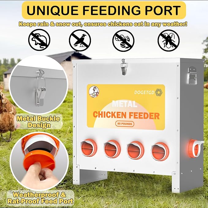 Automatic Chicken Feeder No Waste Metal Poultry Feeder Large Capacity 85lbs for Chickens, Geese, Ducks, Turkeys, Quails (10-Port)