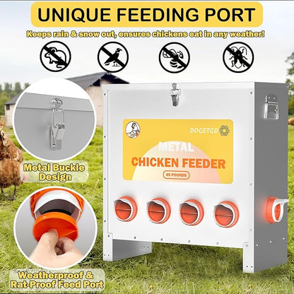 Automatic Chicken Feeder No Waste Metal Poultry Feeder Large Capacity 85lbs for Chickens, Geese, Ducks, Turkeys, Quails (10-Port)