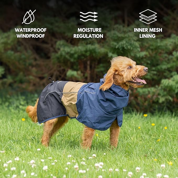 Spark Paws Dog Raincoat, Waterproof Windproof Rain Jacket, for Small Medium Large Extra Large Dogs, Reflective Breathable Full-Body Coverage Dry Suit - Blue Gold Black - 3XL