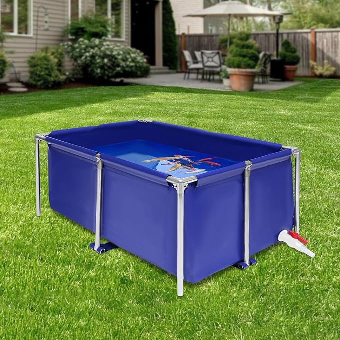 Ueukpeea Canvas Above Ground Fish Pond with Steel Frame, Koi Tank with Drain Valve Blue Aquarium Pool Foldable Fish Tank for Koi Breeding Lobster Cultivation Indoor Outdoors Water-Proof 47x31x20inch
