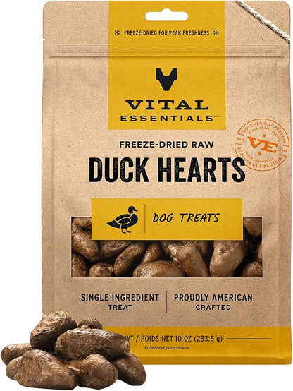 Vital Essentials Single Ingredient Duck Hearts Dog Treats, 10 oz | Freeze-Dried Raw | Premium Quality High Protein Training Treats | Grain Free, Gluten Free, Filler Free