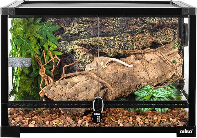 OIIBO Full Vision Glass Reptile Terrarium 27 Gallon, Double Hinge Door with Screen Ventilation Reptile Tank 24"x16"x16" (Knock-Down)
