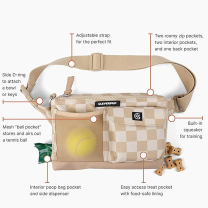 Dog Walk & Train Sling Bag - Hands-Free 2-In-1 Treat Pouch, Poop Bag Holder, Clicker, Phone Pocket - Crossbody/Fanny Pack, Adjustable Strap - Checkerboard