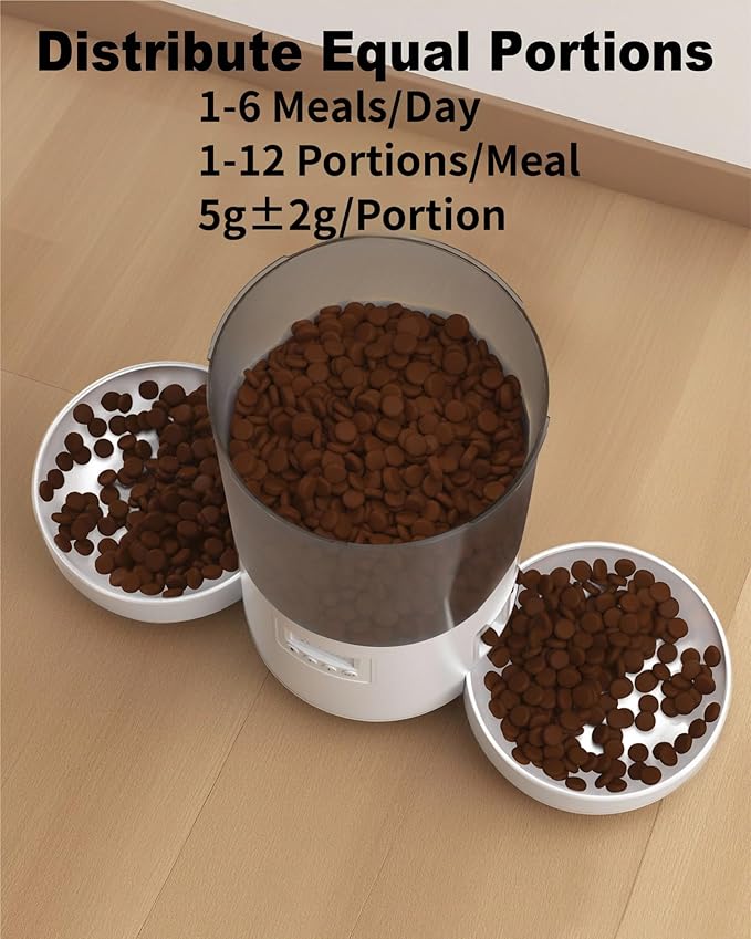 Automatic Cat Feeder for 2 Cats,Auto Dry Food Dispenser with Dual Bowls and Clear 4.2L Hopper,Programmable Portion Control,Up to 6 Meals per Day,10-Second Voice Recording,Dual Power Backup-White