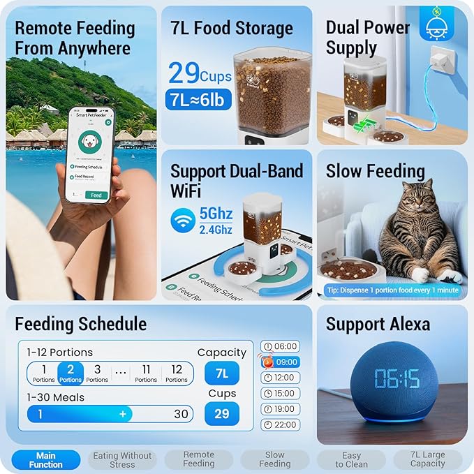 Automatic Cat Feeder 2 Cats with Slow Feed: Dual Automatic Dog Feeder with 5G WiFi, Cat Food Dispenser with APP Control for Multiple Pets, Detachable for Easy Clean, Double Pet Bowl - 29 Cup