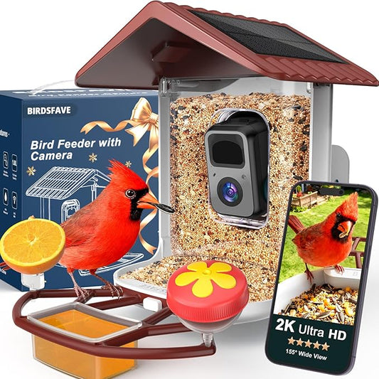 BIRDSFAVE-Bird Feeder with Camera Solar Powered, 2K Clear Live/Video/Photo Auto Arrival Alerts AI Identify Smart Cameras Birds Feeders with 32GB Card DIY Add-ons, 2.4G WiFi Wireless Birdwatching Gift