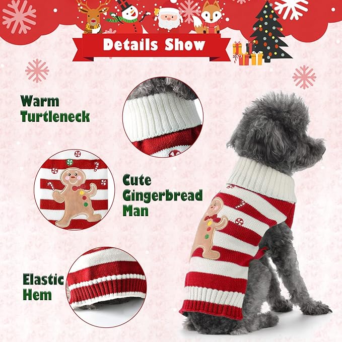Dog Christmas Sweater Cute Striped Gingerbread Man Knitted Turtleneck Cat Ugly Xmas Outfit Holiday Puppy Costumes Fall Winter Warm Pet Sweater Vest Clothes for Small Medium Dogs Cats(M,Red)