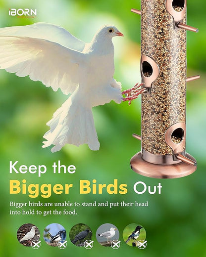 iBorn Metal Bird Feeders Brushed Copper Wild Bird Feeder for Outdoors Hanging All Metal Brushed Copper Finishing 15 Inch 6 Port,Pack of 2