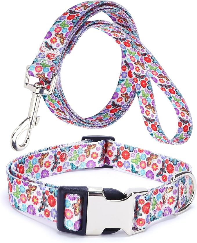 Small Dog Collar and Leash Set, Pretty Design Print Colorful Flower and Butterfly Pet Collars for Small Medium Large Breed Female Dogs Girls Cats, S