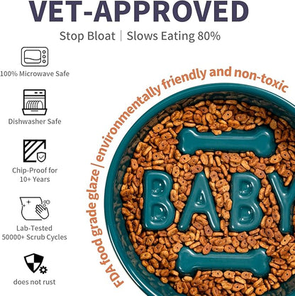 Ceramic Slow Feeder Dog Bowl, 4-Cup Anti-Slip Puzzle Feeder for Medium/Large Dogs, Indoor/Outdoor Pet Bowl for Fast Eaters - Blue