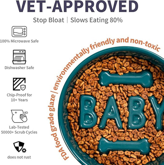 Ceramic Slow Feeder Dog Bowl, 4-Cup Anti-Slip Puzzle Feeder for Medium/Large Dogs, Indoor/Outdoor Pet Bowl for Fast Eaters - Blue