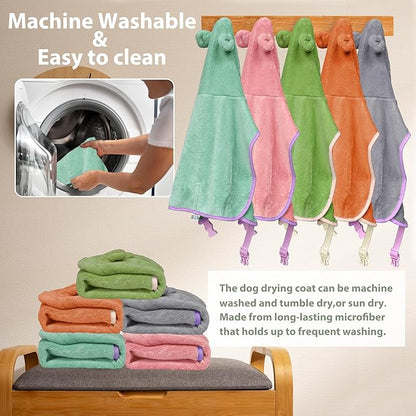 Dog Bathrobe Super Absorbent Towel Robe - Microfiber Bath Towels Fast Drying Coat for Dogs, Cute Dogs Clothes Adjustable Collar & Belly Strap Warm Keeping Hooded Dog Towel (Olive Green, Small)