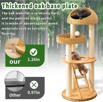 Big Modern Design Cat Tree Tower, Cat Tower Sisal-Covered Scratching Posts for Indoor Cats, Natural Oak Wood Cat Tree for Large Cats, Multi-Level Cat Condo with Sisal Staircase