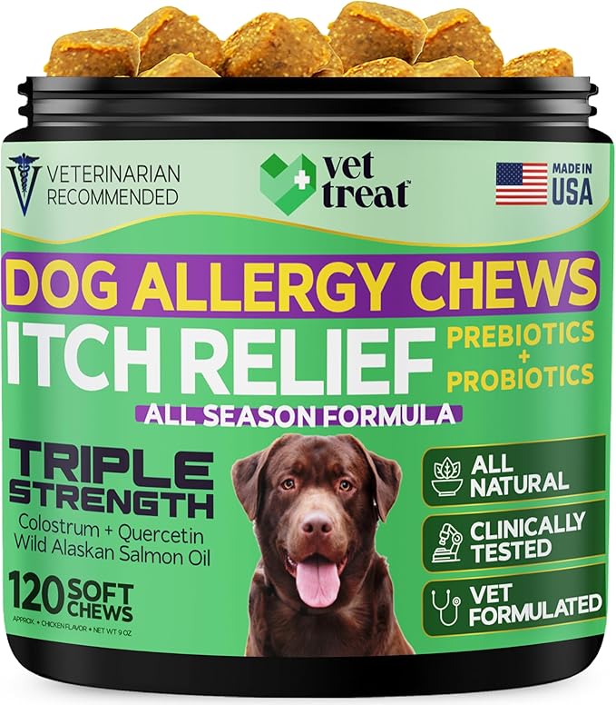 Dog Allergy Relief Chews - 120 Dog Allergy Chews - Itch Relief for Dogs - Anti Itch for Dogs - Dry & Itchy Skin - Allergies & Immune Support Supplement, Omega 3 Fish Oil, Probiotics - USA