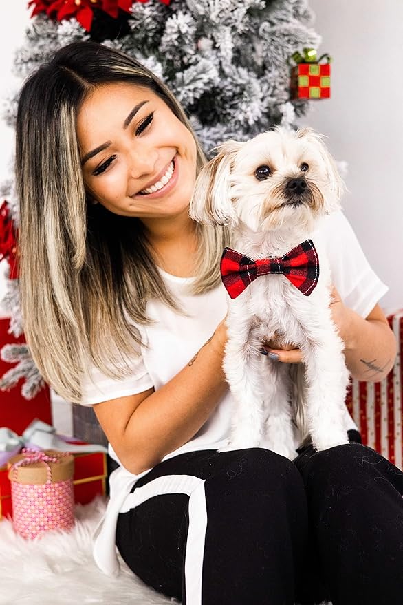 Pearhead Holiday Dog Bowtie – Red Plaid Christmas Pet Bow, Slide On Collar Accessory, Seasonal Dog Apparel, Perfect Stocking Stuffer, XS/S Small Breed
