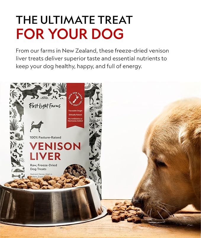 First Light Farms Freeze-Dried Venison Liver Dog Treats | 3oz Bag | 100% Single Ingredient | Free-Range, Pasture-Raised | Nutrient-Dense, High Protein