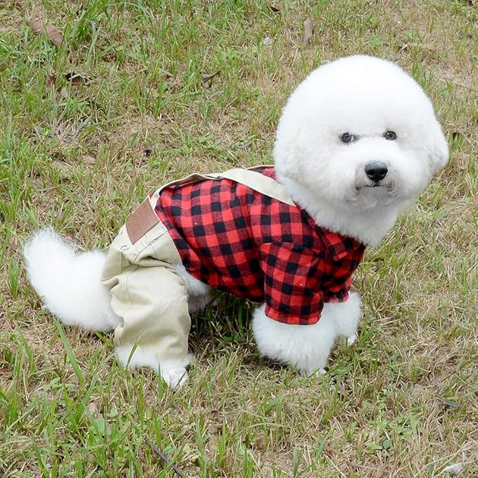 SMALLLEE_LUCKY_STORE Pet Clothes for Small Dog Cat Red Plaid Shirts Sweater with Khaki Overalls Pants Jumpsuit Outfits M