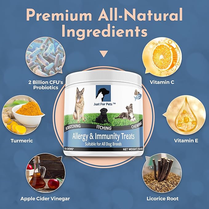 Dog Allergy Relief Chews - Itching Skin Relief with Probiotics and Turmeric for Dogs - Itchy Skin, Hot Spots, Paw Licking, Allergies & Immune Support - Made in USA - 120 Soft Treats, Salmon Flavor