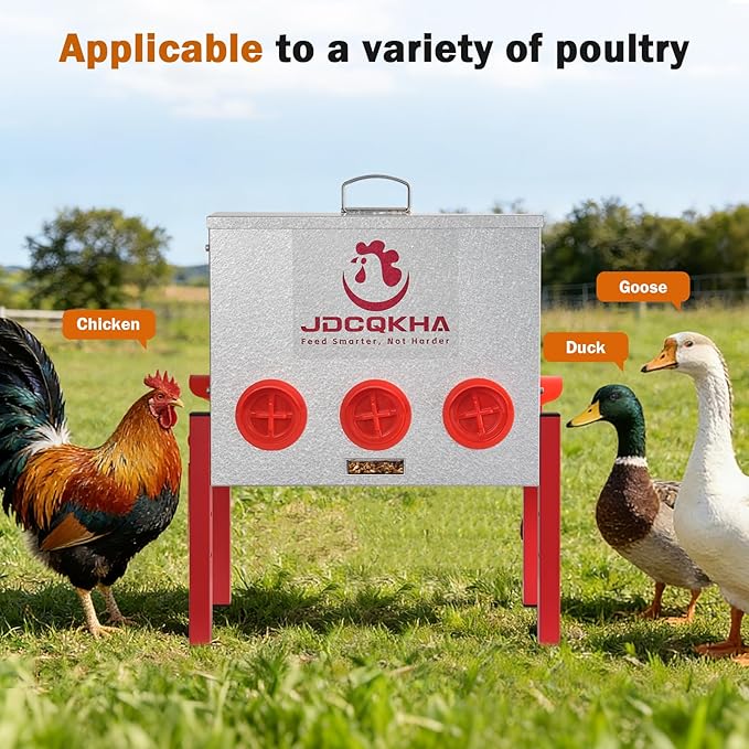 55LB Automatic Chicken Feeder, Rat Proof & No Waste Large Metal Chicken Feeder, Waterproof Galvanized Poultry Feeder with 4 Visual Windows for Chickens, Ducks, Geese, 8 Ports & Adjustable Legs