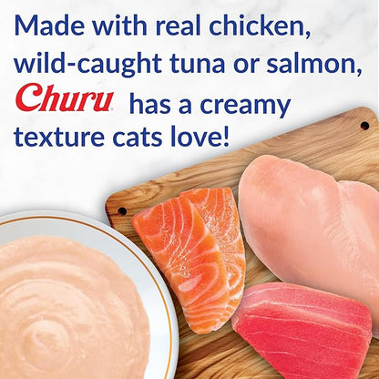 INABA Churu Cat Treats, Grain-Free, Lickable, Squeezable Creamy Purée Cat Treat/Topper with Vitamin E & Taurine, 0.5 Ounces Each Tube, 24 Tubes (4 per Pack), Tuna Recipe