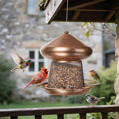 IWNTWY Bird Feeder, Heavy Duty Metal Bird Feeders for Outdoor Hanging, Cute Mushroom Shape 3.5 LB Large Capacity Wild Birdfeeder for Outside Garden Yard (Brown)