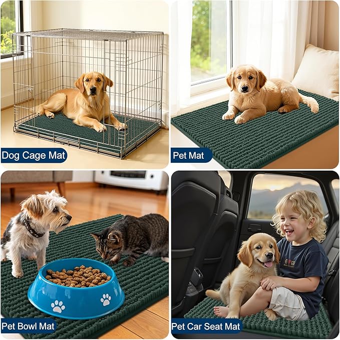 OLANLY Dog Door Mat for Muddy Paws 59x20, Ultra Absorbent Chenille Mud Doormat, Non-Slip Washable and Dirt Trapping Doormat for Indoor Entryway, Quick-Dry Indoor Pet Bed Mats for Dogs, Blackish Green
