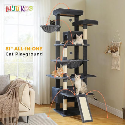 81" Heavy Duty Cat Tree for Large Cats up to 20lbs - Extra Tall Cat Tower with Metal Frame Hammock, 6 Sisal Scratching Posts, 2 Perches - Indoor Cat Furniture for Maine Coon, Dark Gray