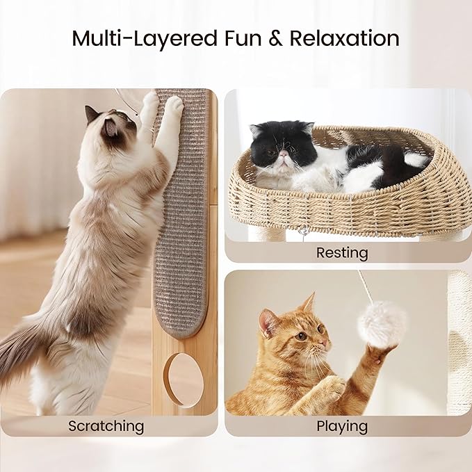 59-inch Cat Tree，Cat Tower with Scratching Post,Extra Long Sisal Blanket, Handwoven Basket & Space Capsule Nest