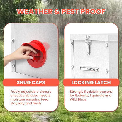 Automatic Gravity Chicken Feeder 40 lb Capacity, Large Metal 6-Port No-Waste Poultry Feeder with Adjustable Height Stand & Locking Lid for Outdoor Chickens, Ducks & Geese