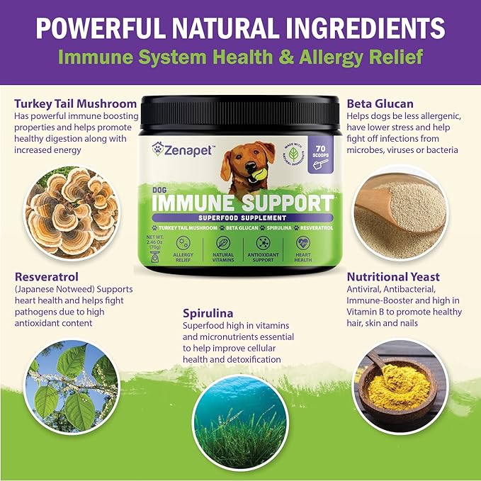 ZENAPET Dog Immune Support Premium Powder Topper, Turkey Tail, Spirulina & Beta-Glucan, Supports a Healthy Immune System & Digestion, Human-Grade, Made in USA