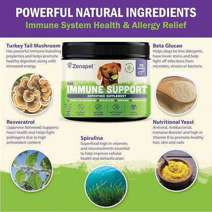 ZENAPET Dog Immune Support Premium Powder Topper, Turkey Tail, Spirulina & Beta-Glucan, Supports a Healthy Immune System & Digestion, Human-Grade, Made in USA