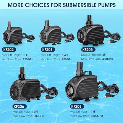 NFESOLAR Submersible Water Pump 120GPH, Ultra Quiet Submersible Pump with Dry Burning Protection 3ft High Lift for Fountains, Waterfall, Hydroponics, Aquariums KF202